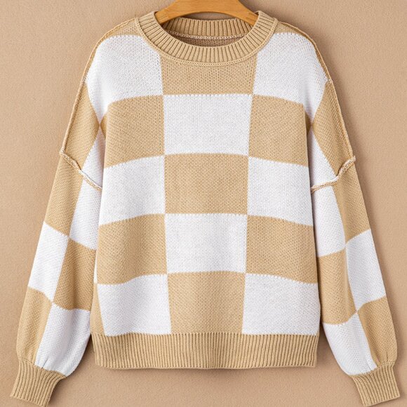 Khaki Checkered Bishop Sleeve Sweater - Picture 14 of 15